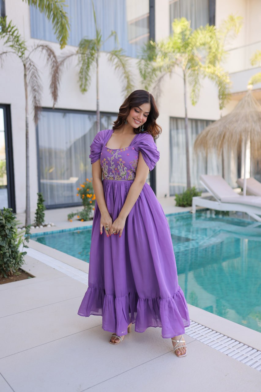 Lavender Mal Chanderi Designer Gown with Beads Embroidery | Ready to Wear Party Gown