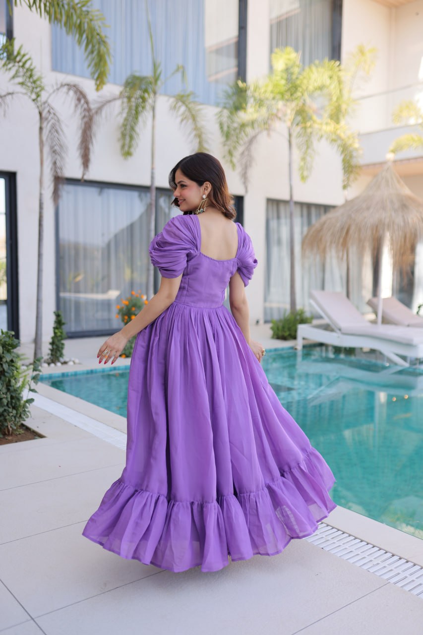 Lavender Mal Chanderi Designer Gown with Beads Embroidery | Ready to Wear Party Gown