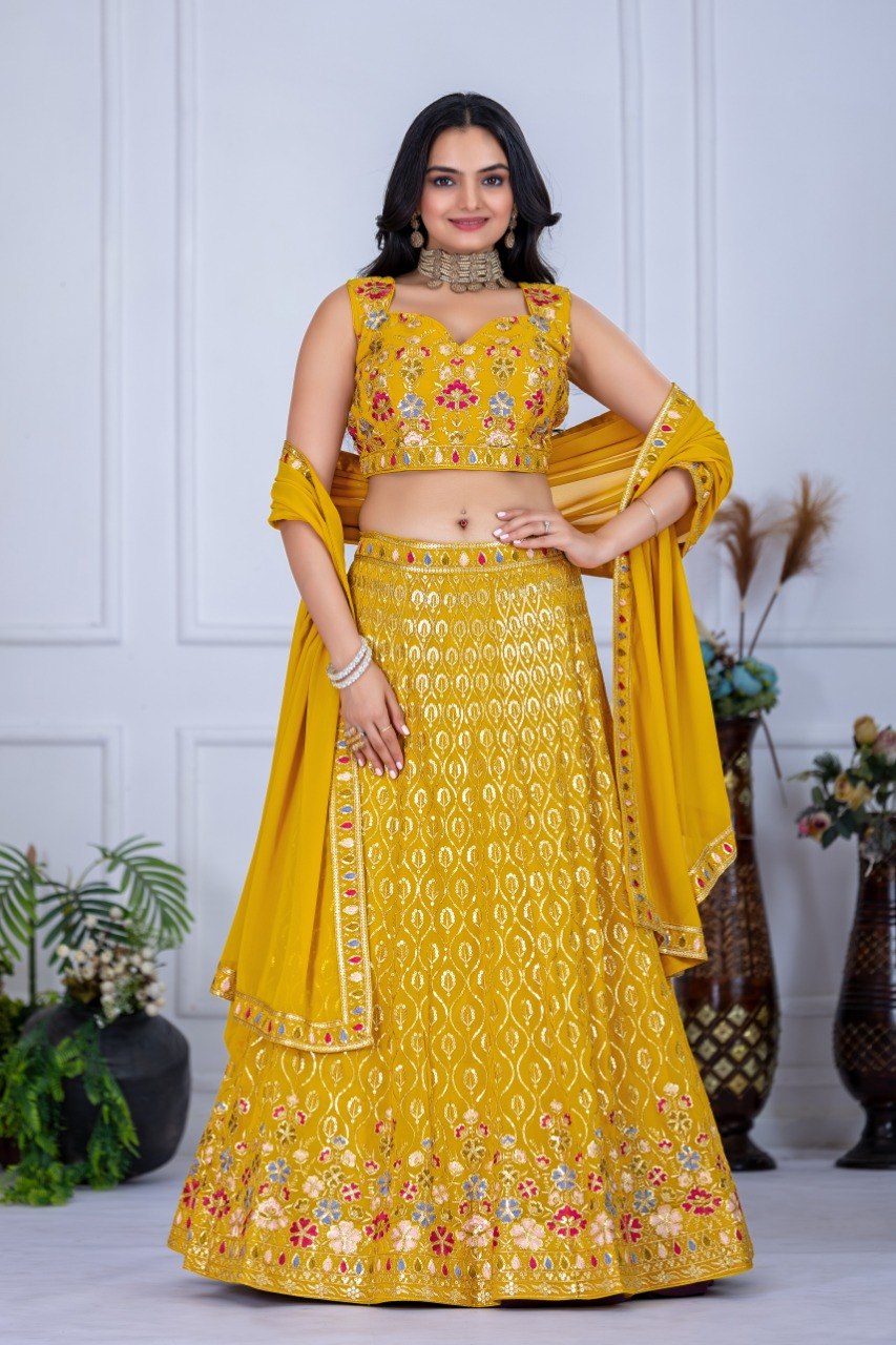 Yellow Fox Georgette Embroidered Lehenga Choli with Dupatta