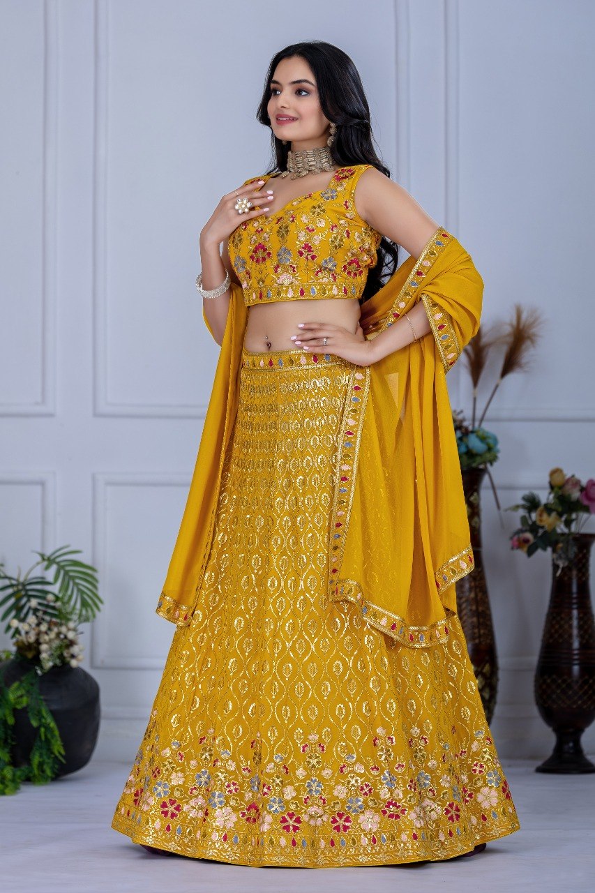 Yellow Fox Georgette Embroidered Lehenga Choli with Dupatta