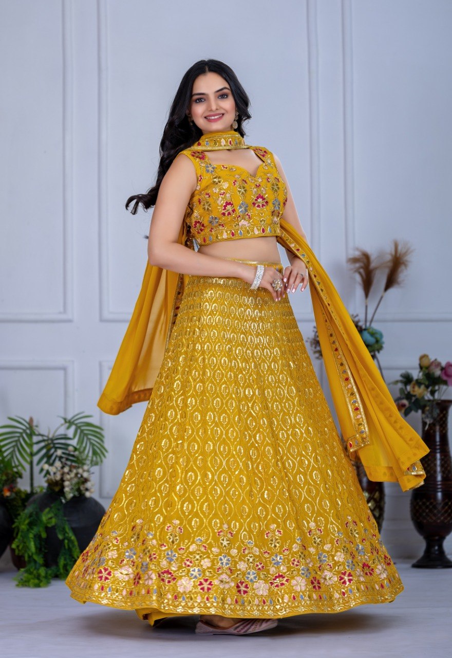 Yellow Fox Georgette Embroidered Lehenga Choli with Dupatta