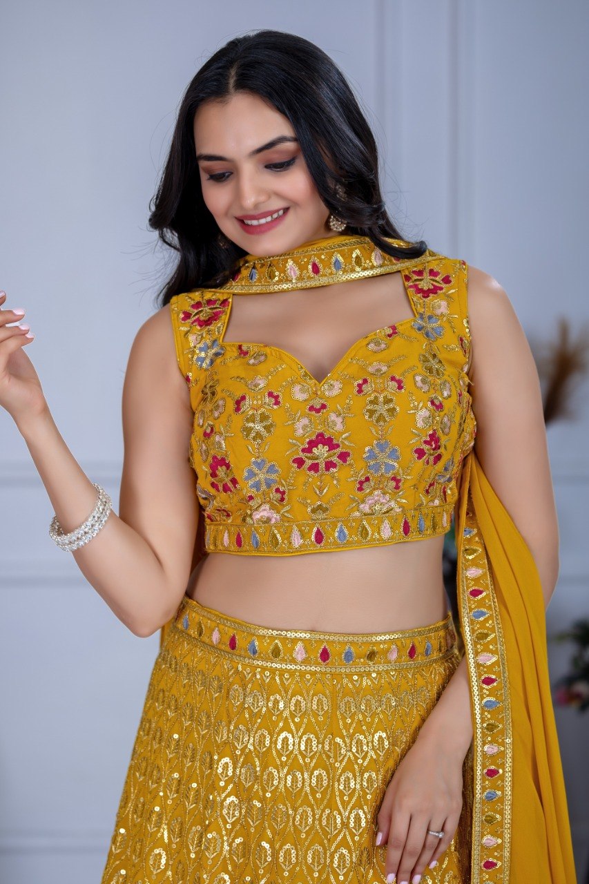 Yellow Fox Georgette Embroidered Lehenga Choli with Dupatta