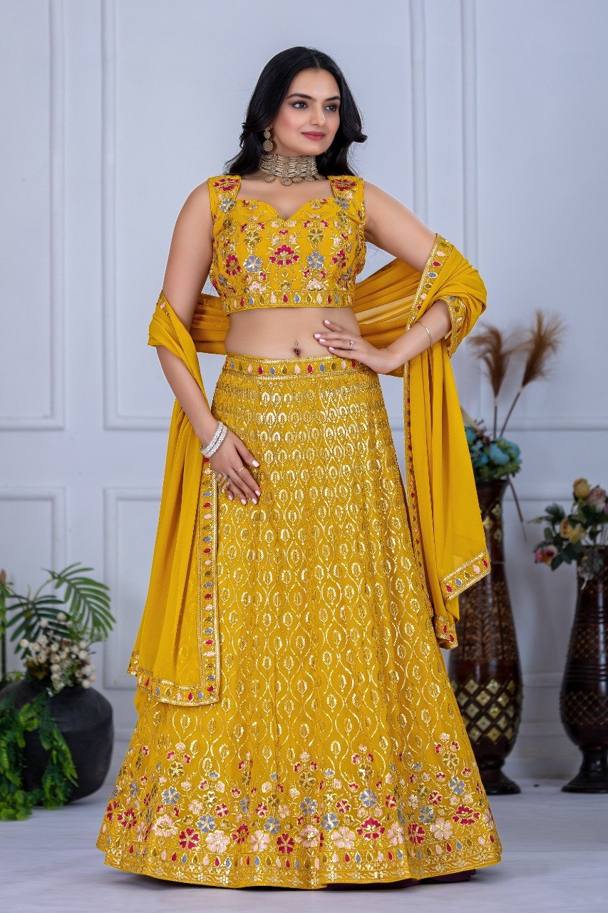 Yellow Fox Georgette Embroidered Lehenga Choli with Dupatta