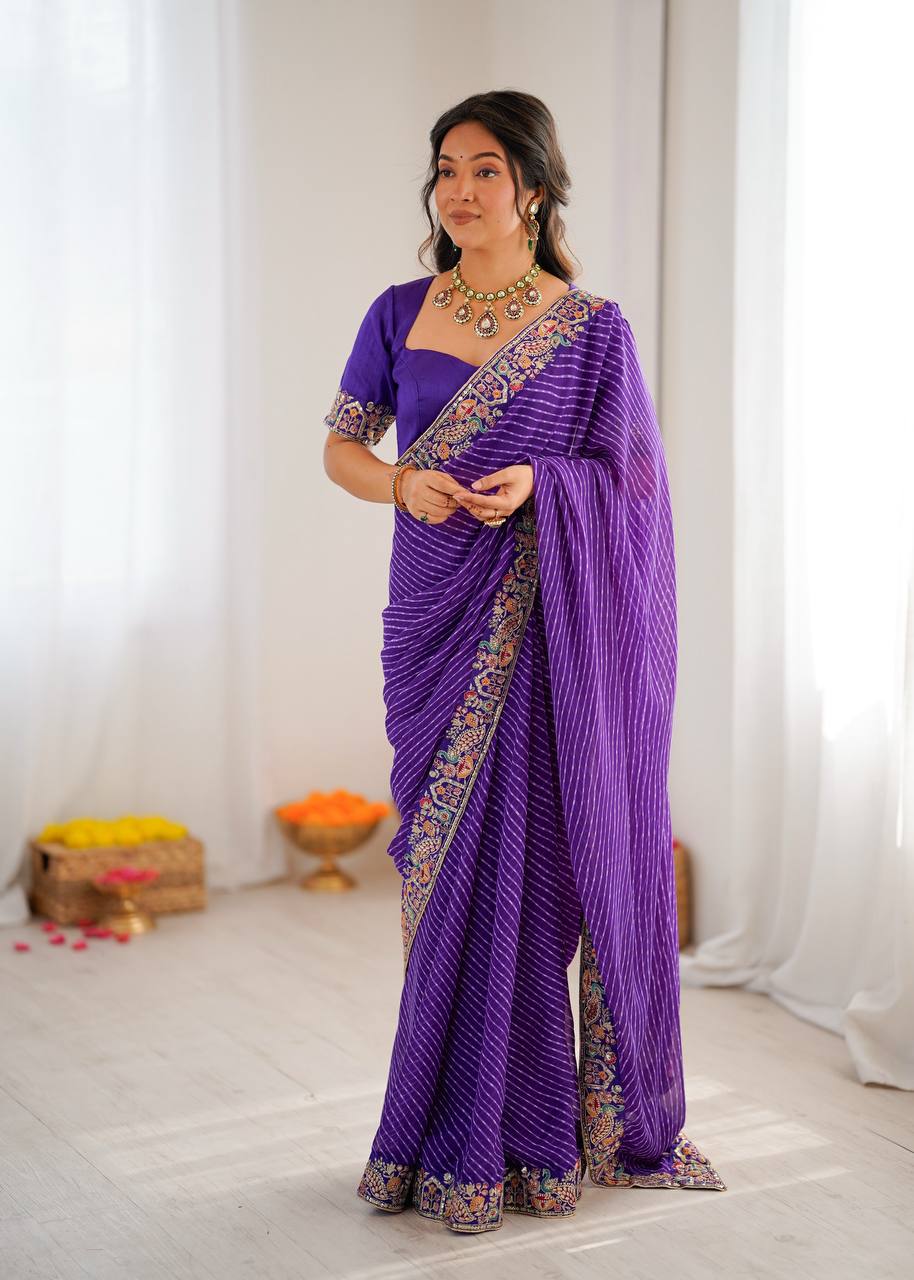 Purple Faux Georgette Bandhani Saree with Thread & Sequins Embroidery Blouse