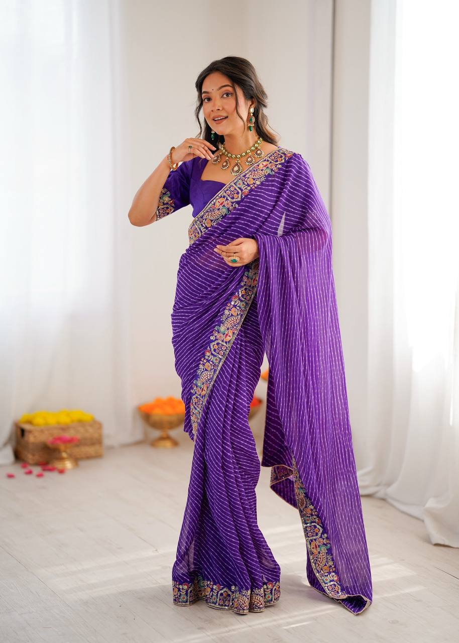 Purple Faux Georgette Bandhani Saree with Thread & Sequins Embroidery Blouse