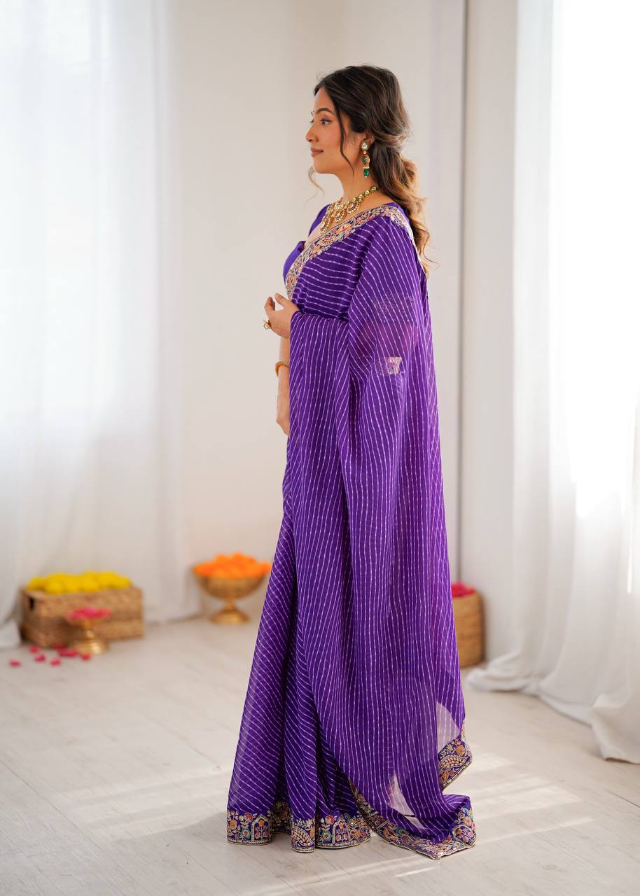 Purple Faux Georgette Bandhani Saree with Thread & Sequins Embroidery Blouse
