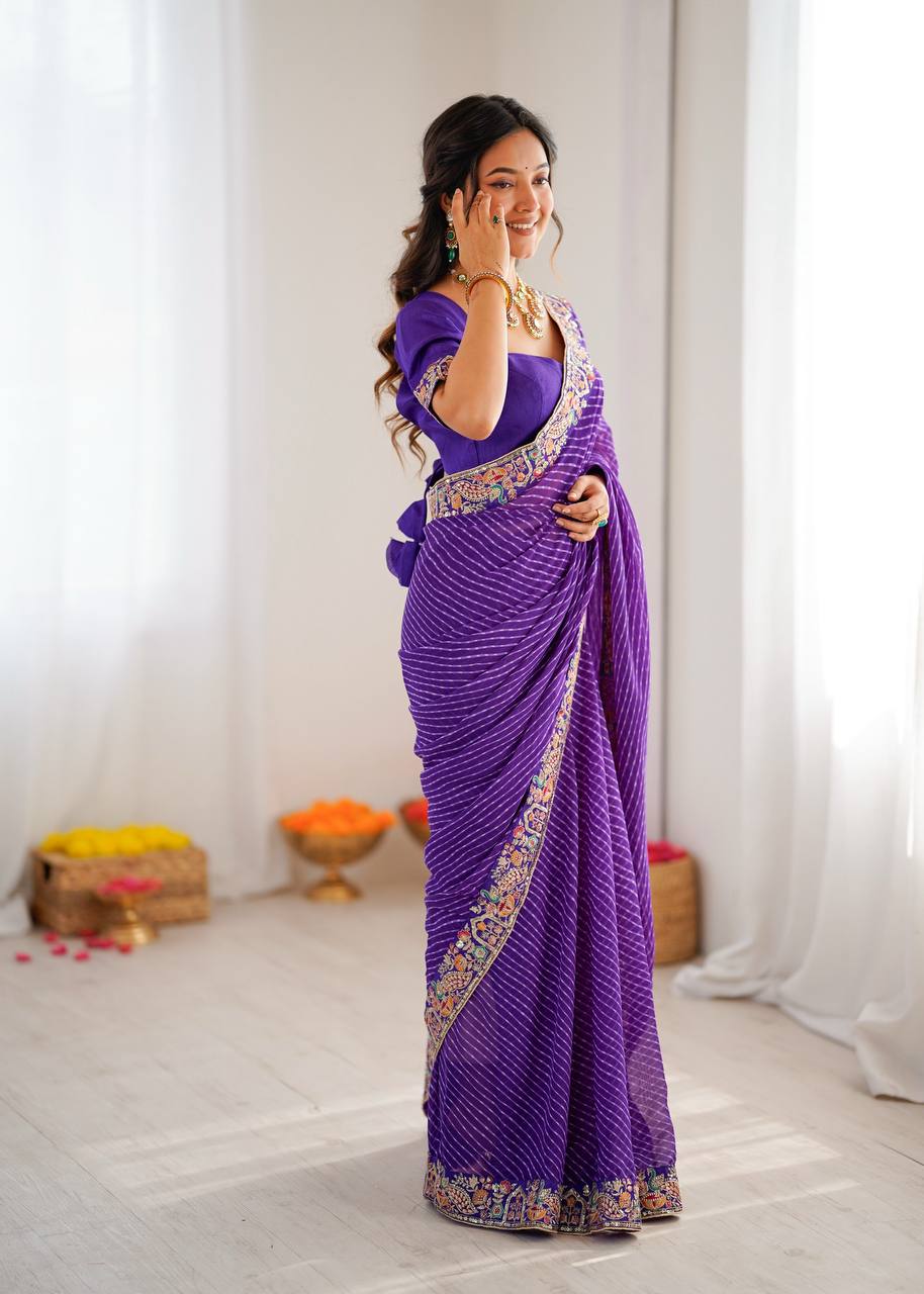 Purple Faux Georgette Bandhani Saree with Thread & Sequins Embroidery Blouse