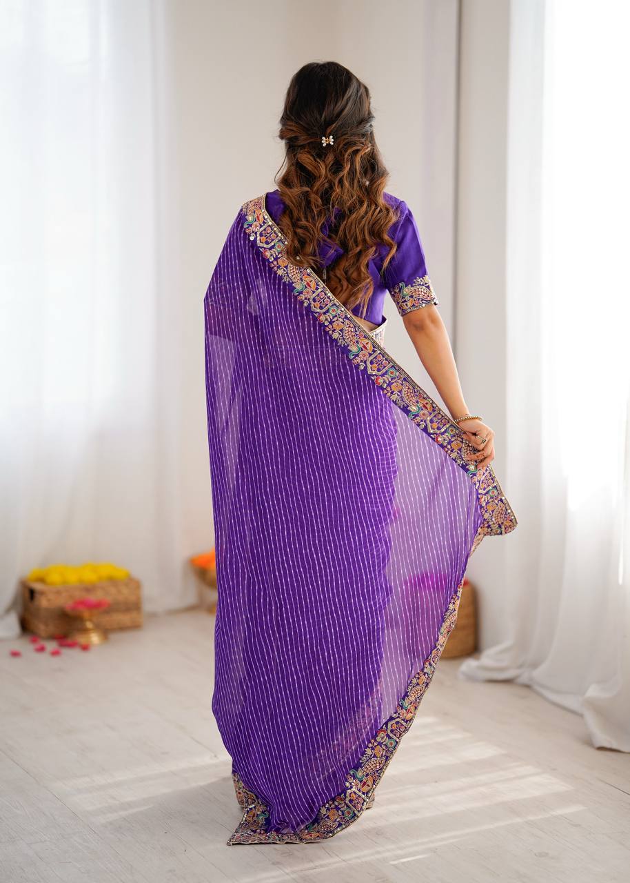 Purple Faux Georgette Bandhani Saree with Thread & Sequins Embroidery Blouse
