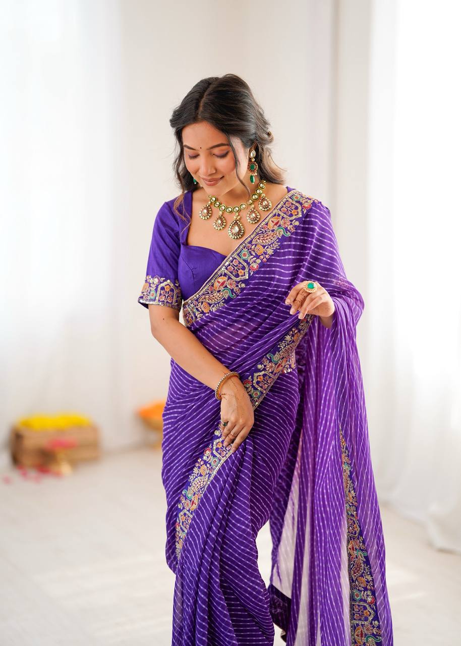 Purple Faux Georgette Bandhani Saree with Thread & Sequins Embroidery Blouse