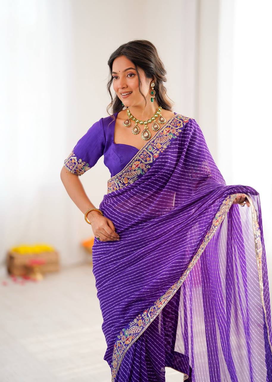 Purple Faux Georgette Bandhani Saree with Thread & Sequins Embroidery Blouse