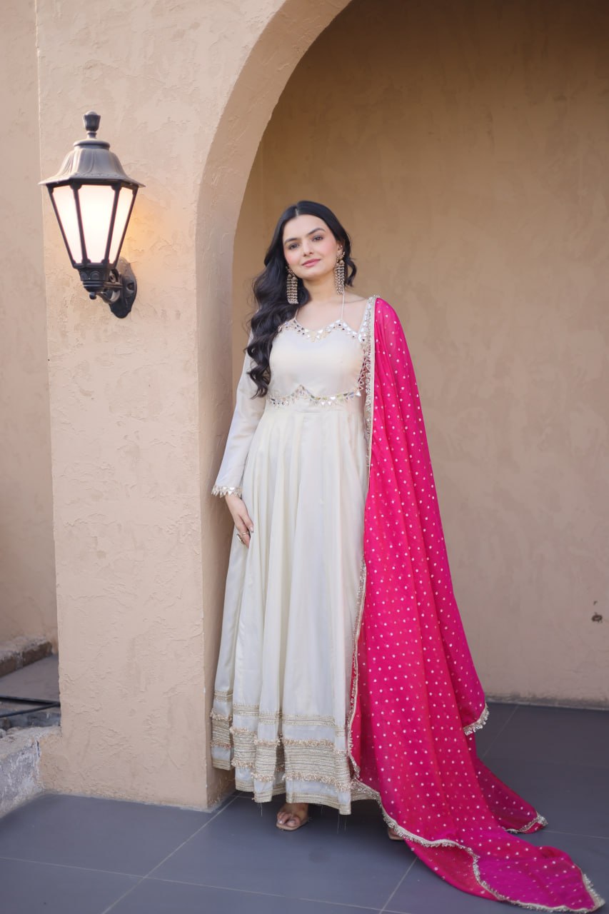 Off White Cosmos Gown with Real Mirror Work & Pink Moss Butti Dupatta for Women | Designer Party Wear Gown