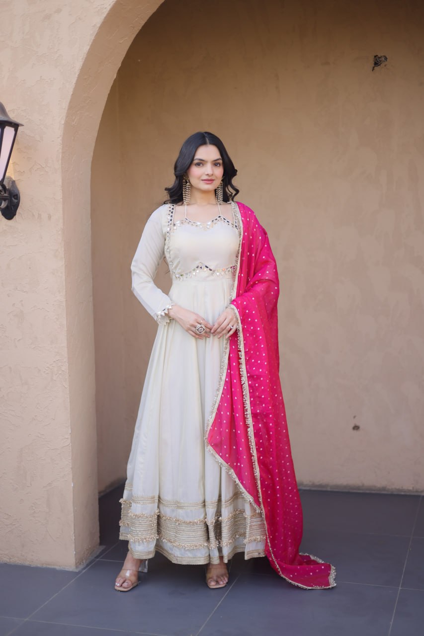 Off White Cosmos Gown with Real Mirror Work & Pink Moss Butti Dupatta for Women | Designer Party Wear Gown