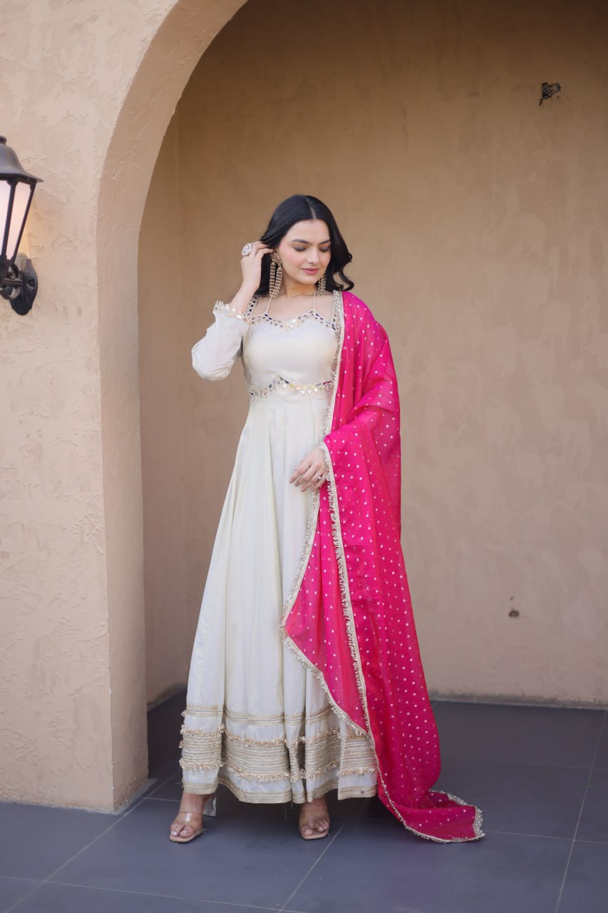 Off White Cosmos Gown with Real Mirror Work & Pink Moss Butti Dupatta for Women | Designer Party Wear Gown