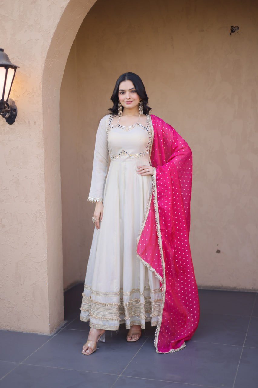 Off White Cosmos Gown with Real Mirror Work & Pink Moss Butti Dupatta for Women | Designer Party Wear Gown