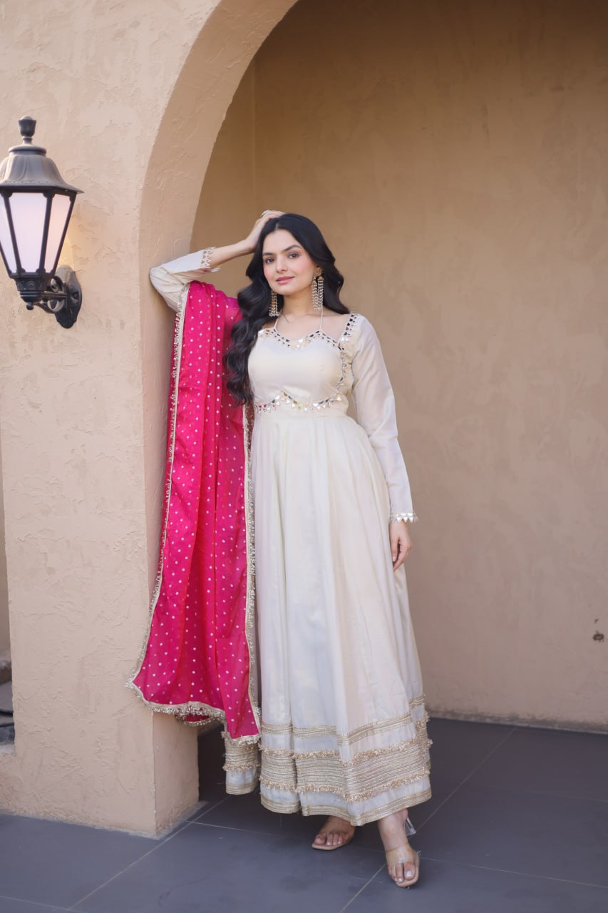 Off White Cosmos Gown with Real Mirror Work & Pink Moss Butti Dupatta for Women | Designer Party Wear Gown