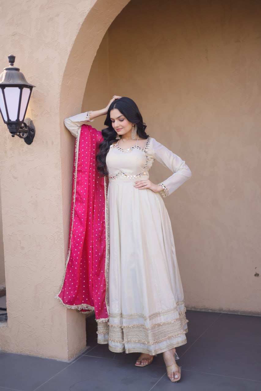 Off White Cosmos Gown with Real Mirror Work & Pink Moss Butti Dupatta for Women | Designer Party Wear Gown