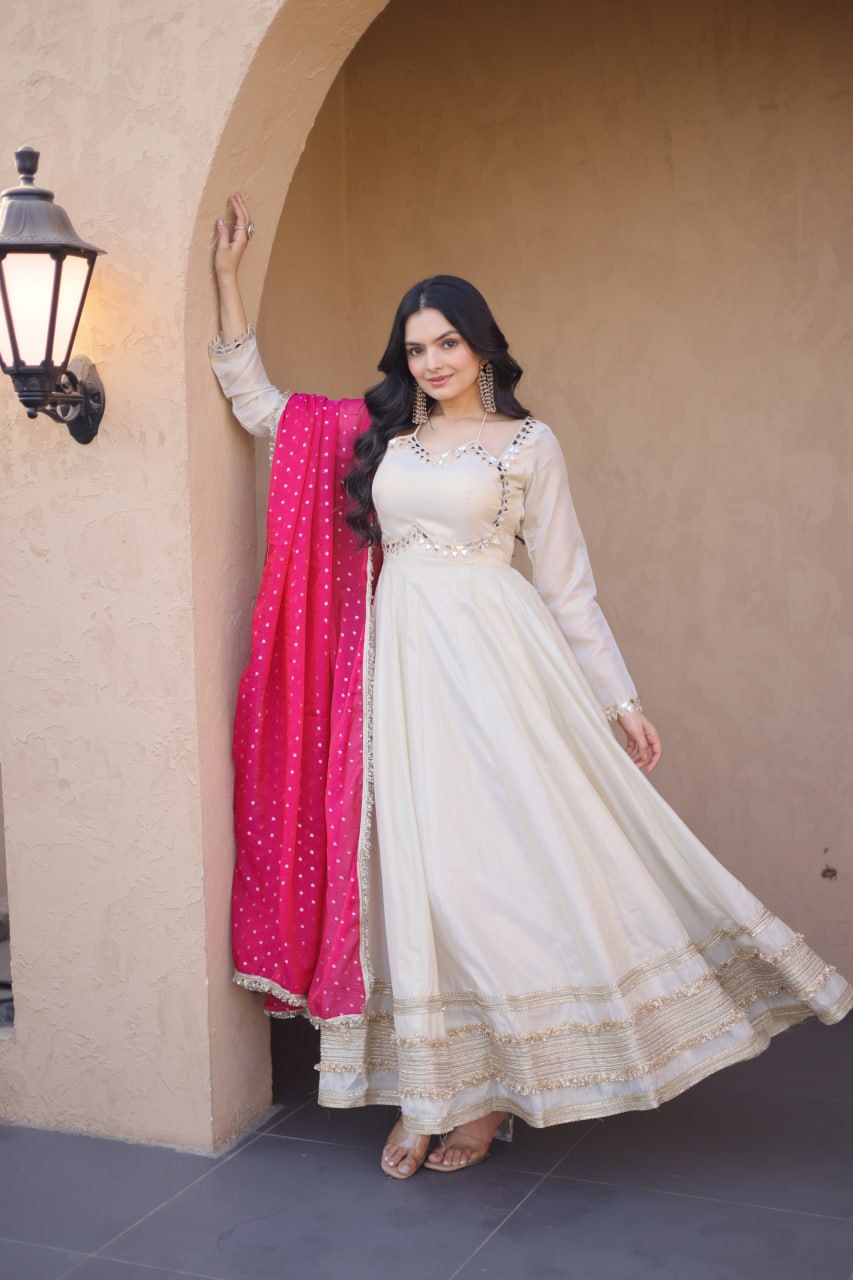 Off White Cosmos Gown with Real Mirror Work & Pink Moss Butti Dupatta for Women | Designer Party Wear Gown