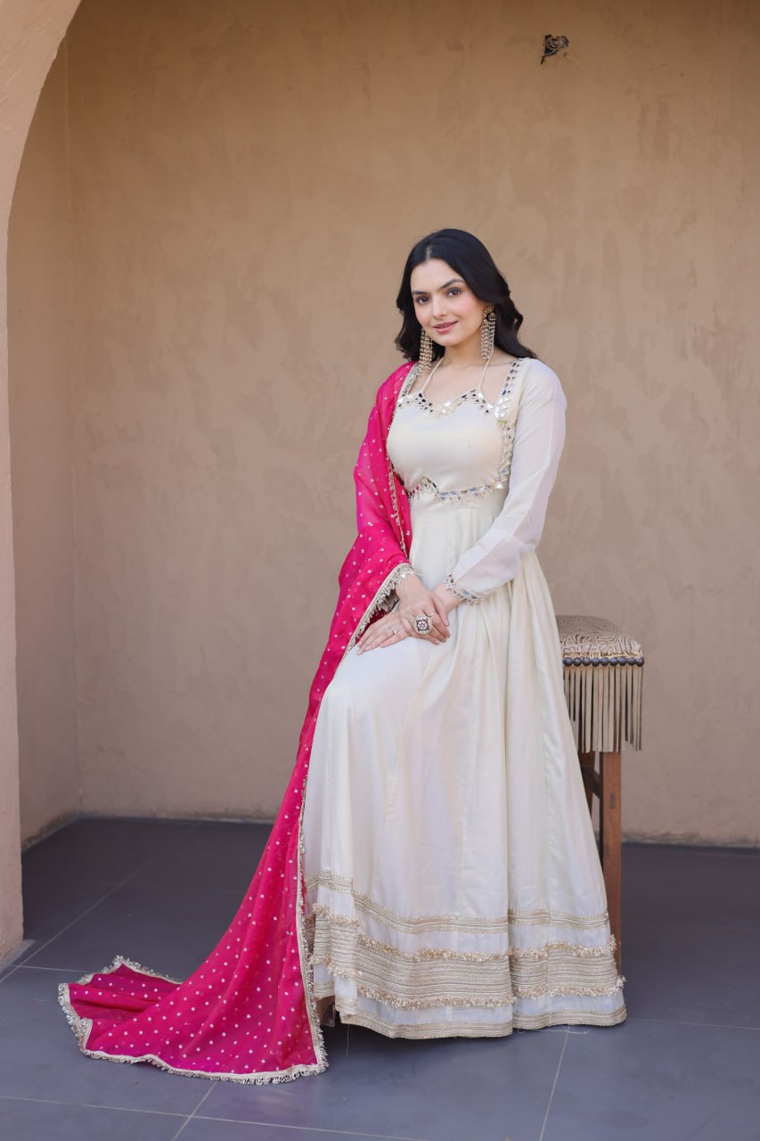 Off White Cosmos Gown with Real Mirror Work & Pink Moss Butti Dupatta for Women | Designer Party Wear Gown