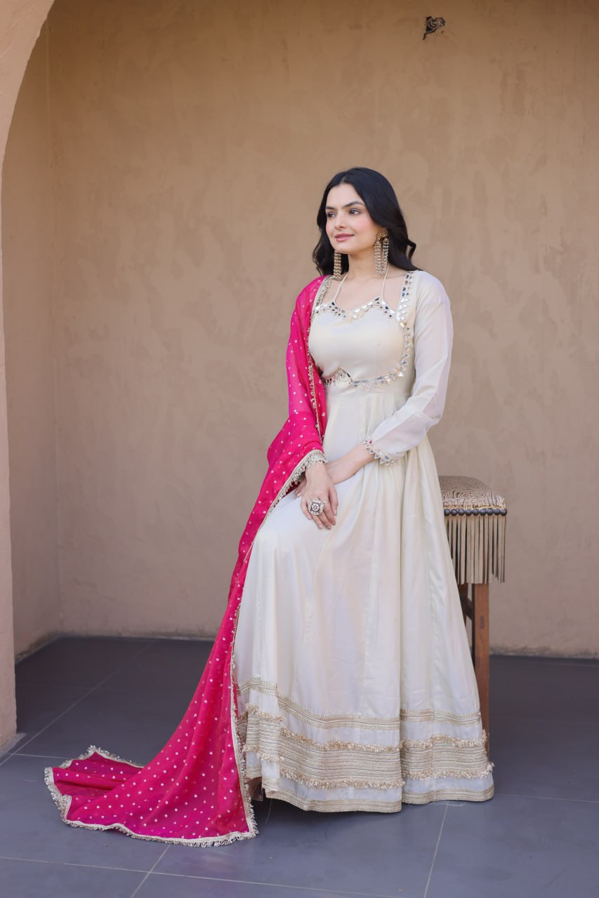 Off White Cosmos Gown with Real Mirror Work & Pink Moss Butti Dupatta for Women | Designer Party Wear Gown