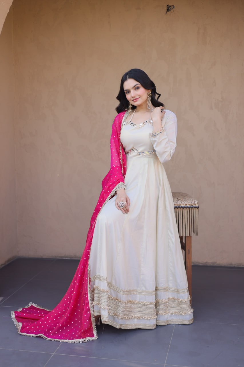 Off White Cosmos Gown with Real Mirror Work & Pink Moss Butti Dupatta for Women | Designer Party Wear Gown