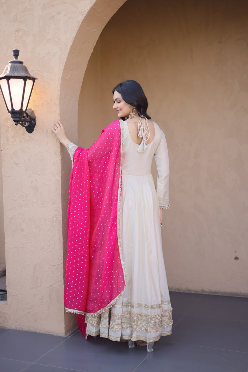 Off White Cosmos Gown with Real Mirror Work & Pink Moss Butti Dupatta for Women | Designer Party Wear Gown