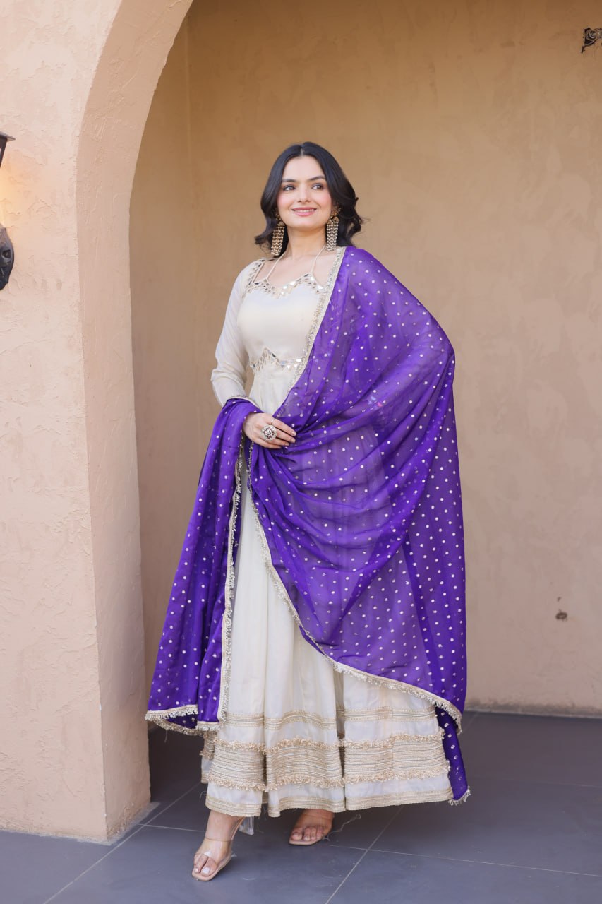 Off White Cosmos Designer Gown with Real Mirror Work & Royal Purple Moss Butti Dupatta for Women