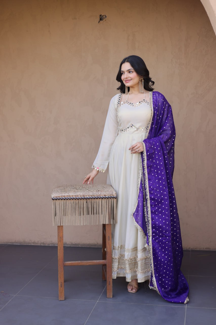Off White Cosmos Designer Gown with Real Mirror Work & Royal Purple Moss Butti Dupatta for Women