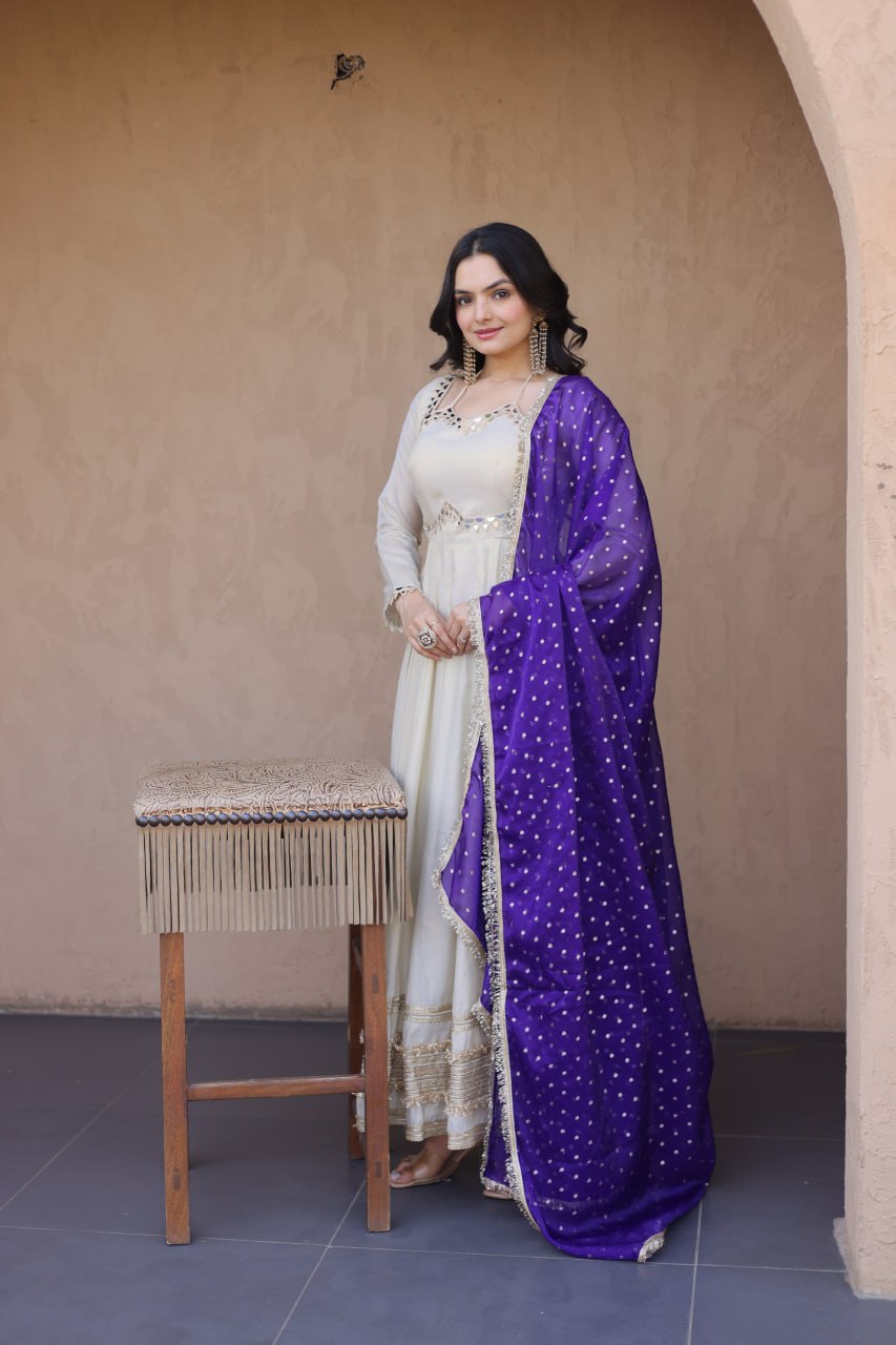 Off White Cosmos Designer Gown with Real Mirror Work & Royal Purple Moss Butti Dupatta for Women