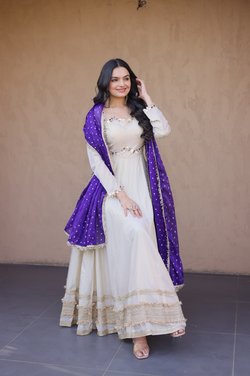 Off White Cosmos Designer Gown with Real Mirror Work & Royal Purple Moss Butti Dupatta for Women