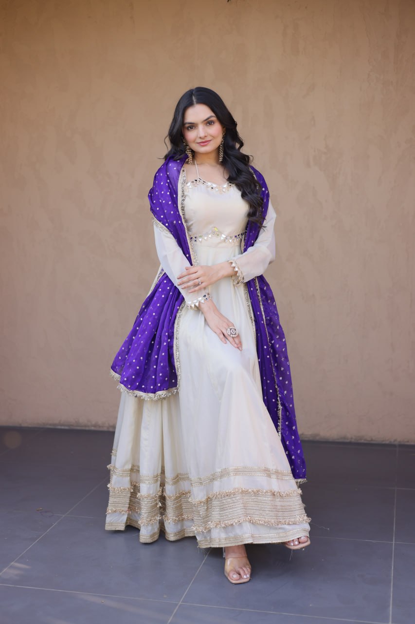 Off White Cosmos Designer Gown with Real Mirror Work & Royal Purple Moss Butti Dupatta for Women