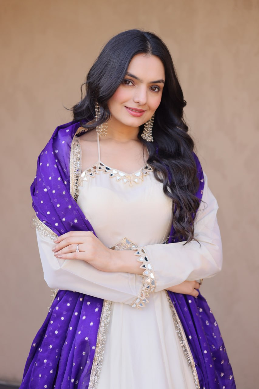 Off White Cosmos Designer Gown with Real Mirror Work & Royal Purple Moss Butti Dupatta for Women