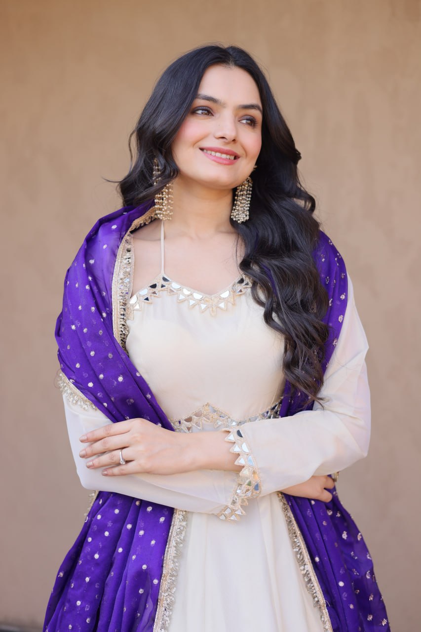 Off White Cosmos Designer Gown with Real Mirror Work & Royal Purple Moss Butti Dupatta for Women