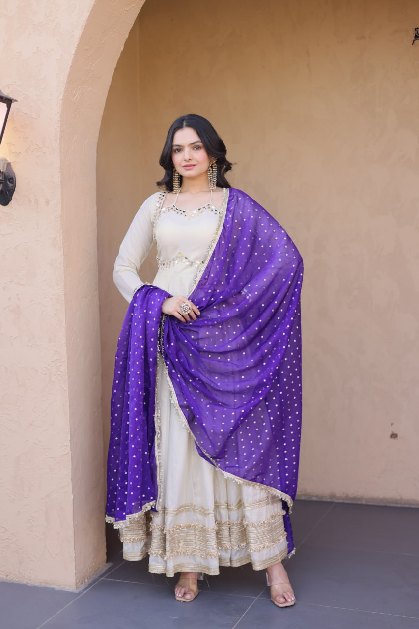 Off White Cosmos Designer Gown with Real Mirror Work & Royal Purple Moss Butti Dupatta for Women