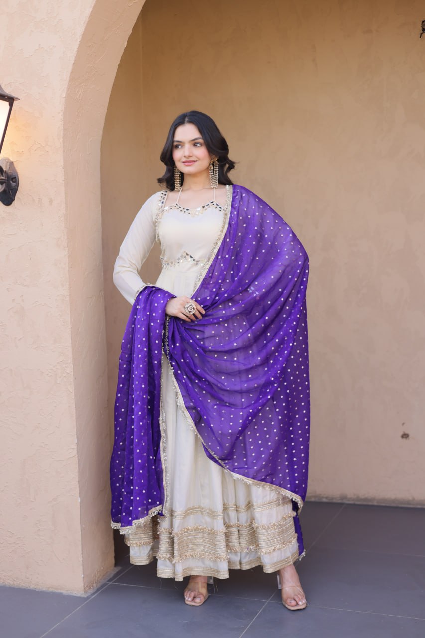 Off White Cosmos Designer Gown with Real Mirror Work & Royal Purple Moss Butti Dupatta for Women