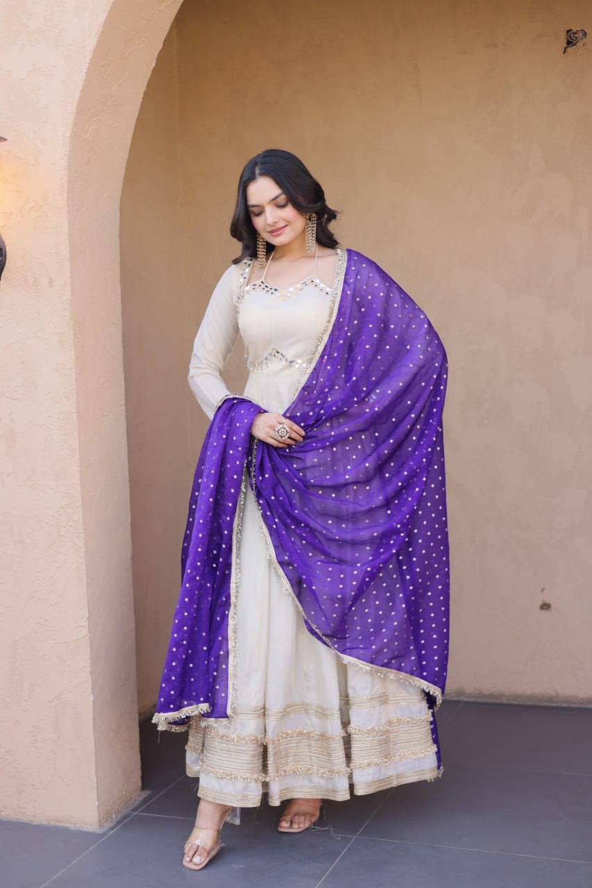 Off White Cosmos Designer Gown with Real Mirror Work & Royal Purple Moss Butti Dupatta for Women
