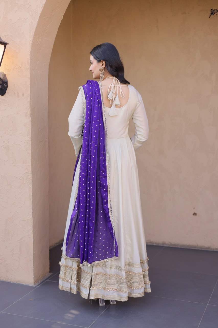 Off White Cosmos Designer Gown with Real Mirror Work & Royal Purple Moss Butti Dupatta for Women