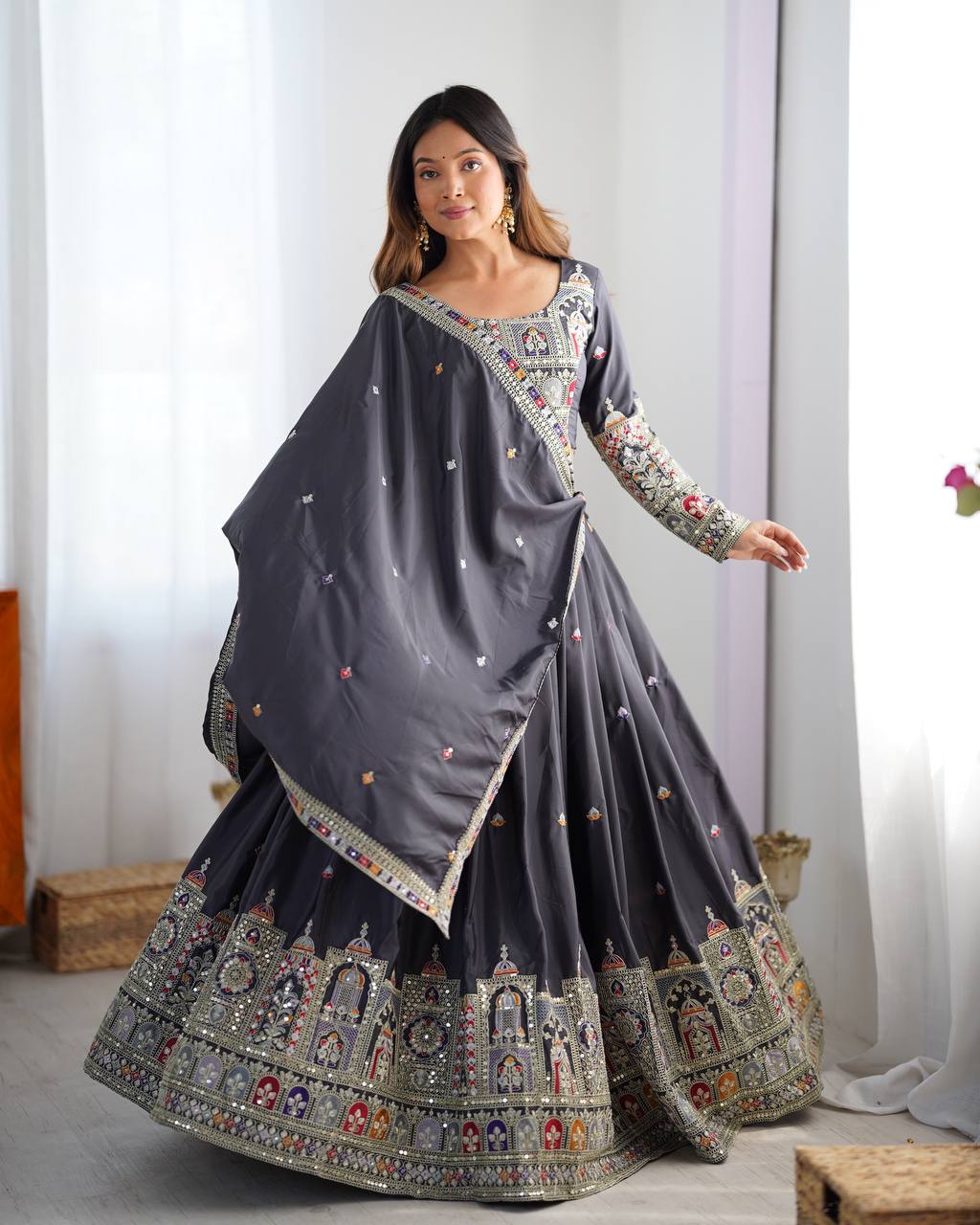 Charcoal Grey Crepe Silk Lehenga Choli with Dori Embroidery & Designer Dupatta