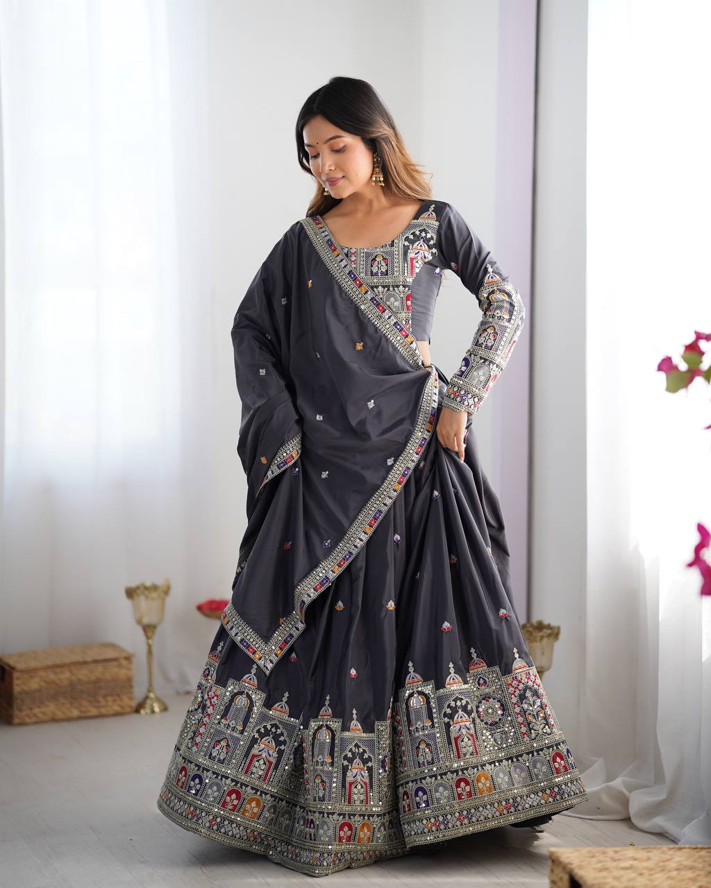 Charcoal Grey Crepe Silk Lehenga Choli with Dori Embroidery & Designer Dupatta