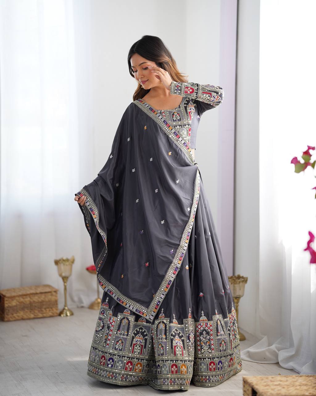 Charcoal Grey Crepe Silk Lehenga Choli with Dori Embroidery & Designer Dupatta