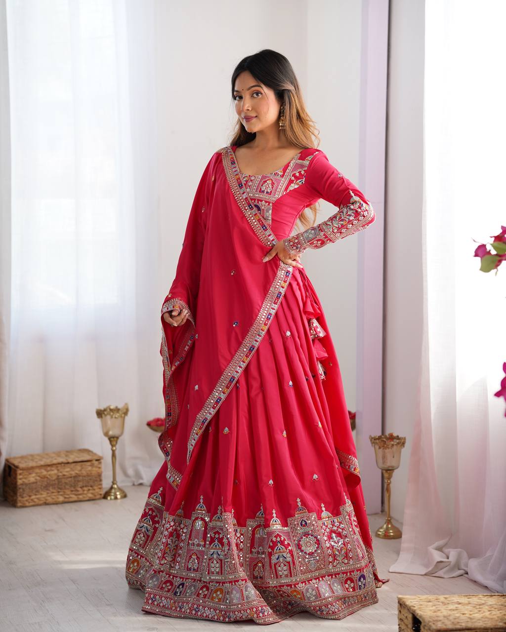 Rani Pink Crepe Silk Lehenga Choli with Dori Embroidery & Matching Dupatta
