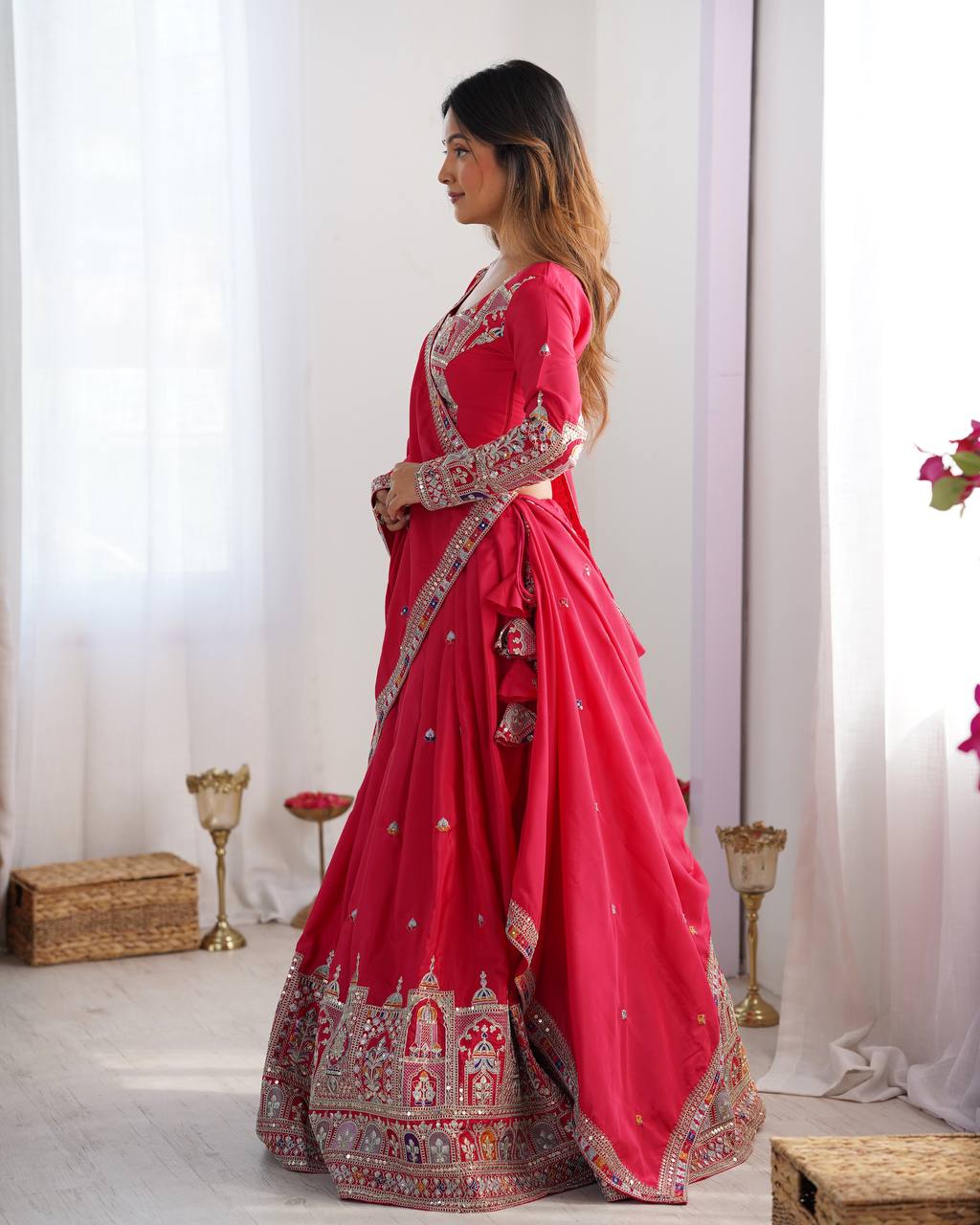 Rani Pink Crepe Silk Lehenga Choli with Dori Embroidery & Matching Dupatta