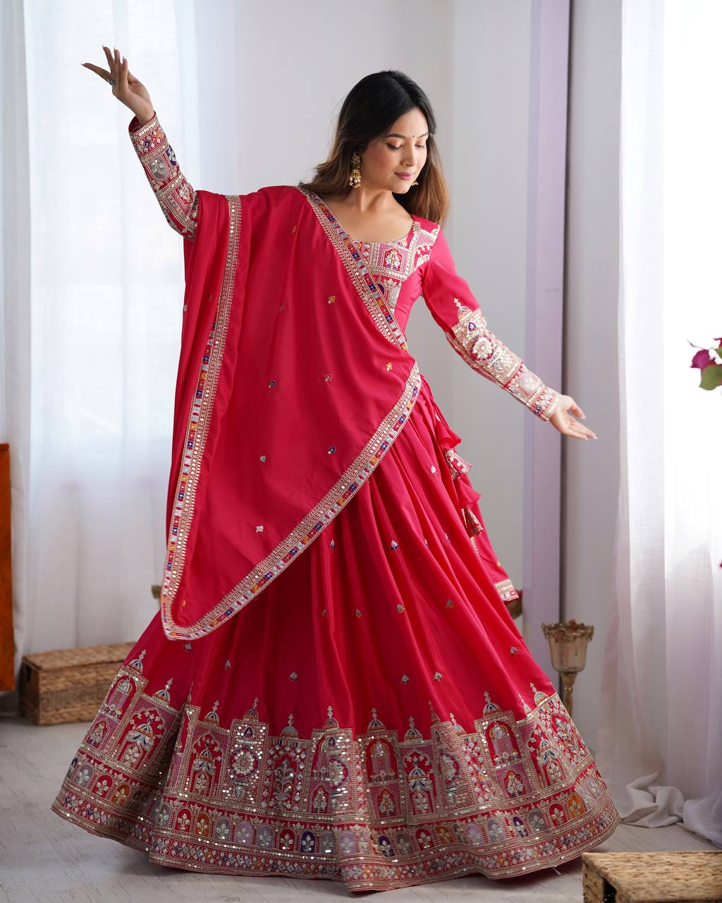 Rani Pink Crepe Silk Lehenga Choli with Dori Embroidery & Matching Dupatta