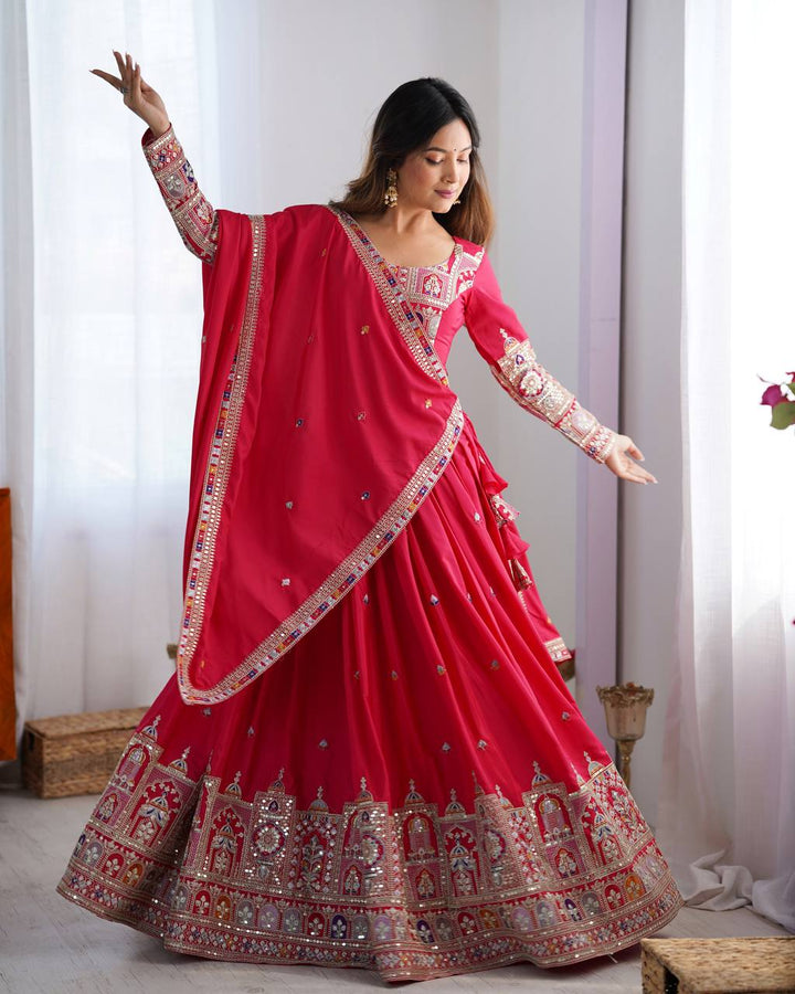 Rani Pink Crepe Silk Lehenga Choli with Dori Embroidery & Matching Dupatta