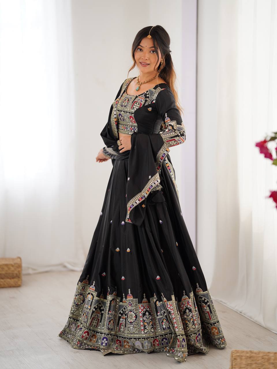 Black Crepe Silk Lehenga Choli with Heritage Dori Embroidery & Designer Dupatta