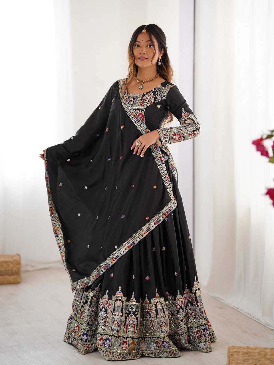 Black Crepe Silk Lehenga Choli with Heritage Dori Embroidery & Designer Dupatta