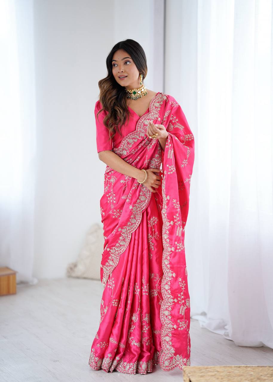 Hot Pink Japan Satin Silk Saree with Sequins Embroidery Work