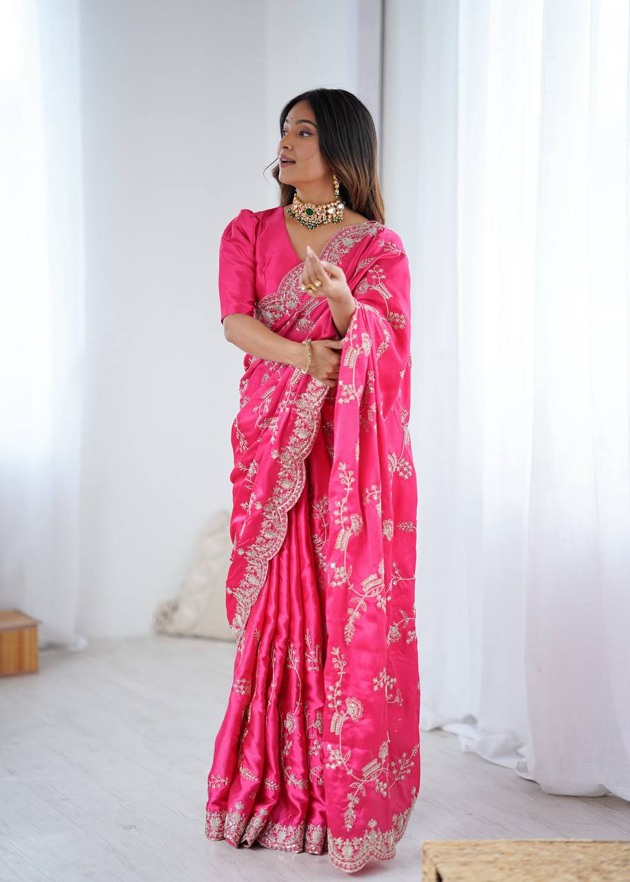 Hot Pink Japan Satin Silk Saree with Sequins Embroidery Work