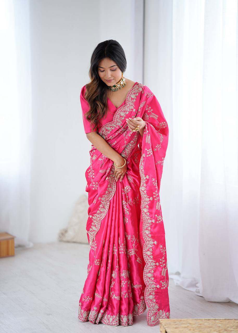 Hot Pink Japan Satin Silk Saree with Sequins Embroidery Work
