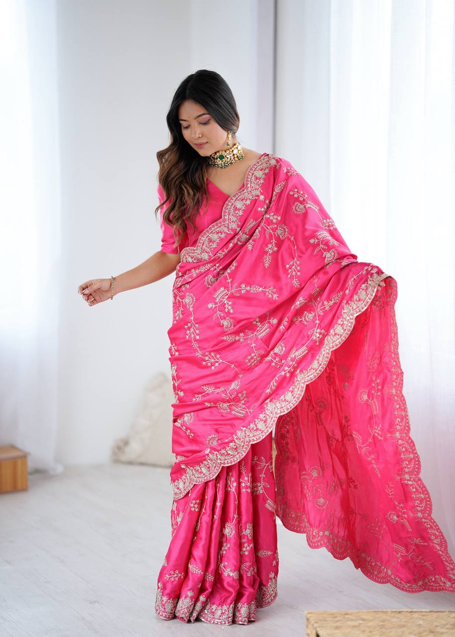 Hot Pink Japan Satin Silk Saree with Sequins Embroidery Work