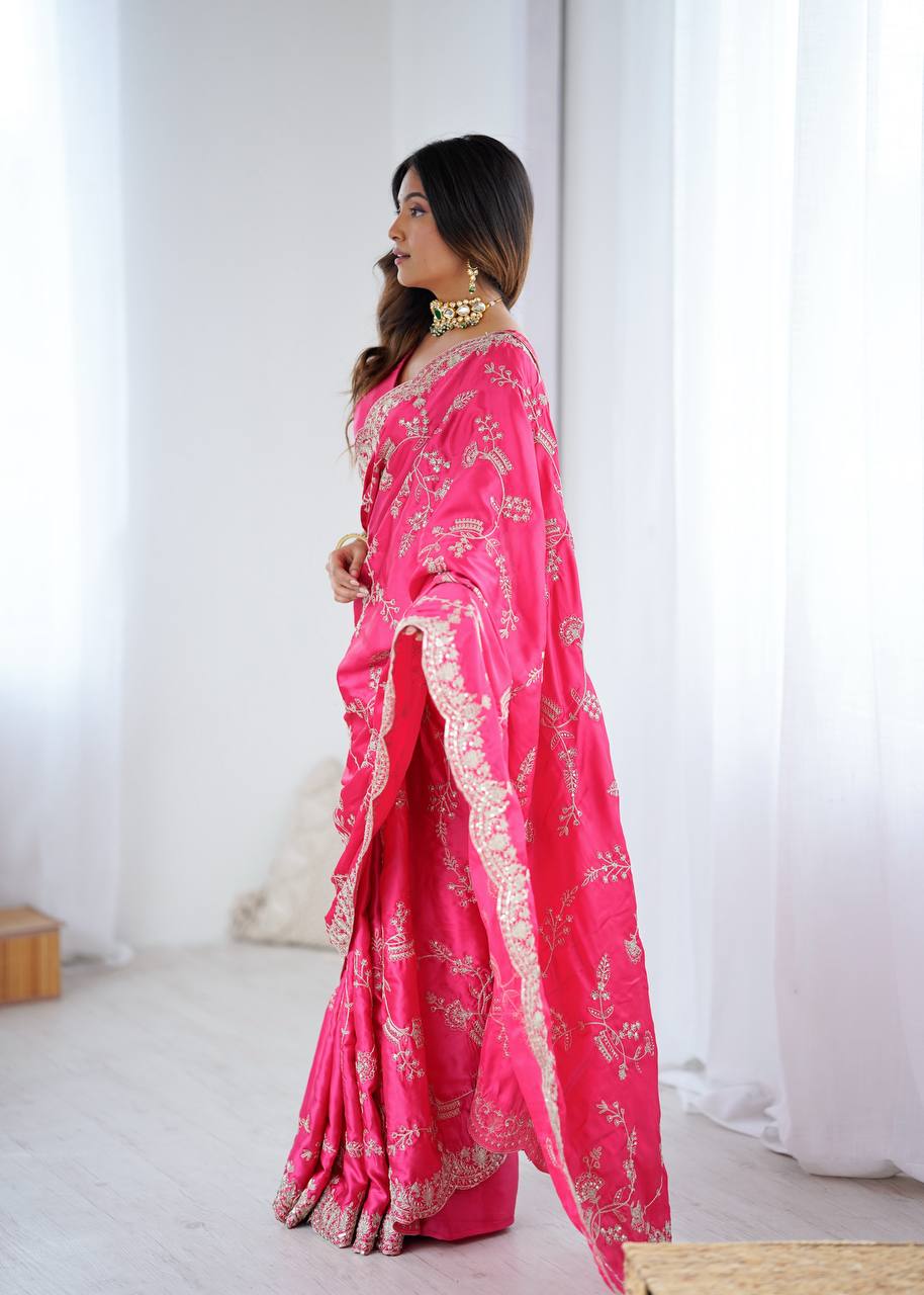 Hot Pink Japan Satin Silk Saree with Sequins Embroidery Work